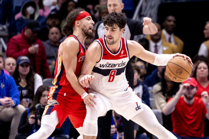 Washington Wizards forward Deni Avdija (8) drives with the ball against New Orleans Pelicans guard Jose Alvarado (15) during the second half at Smoothie King Center. Mandatory Credit: Stephen Lew-USA TODAY Sports